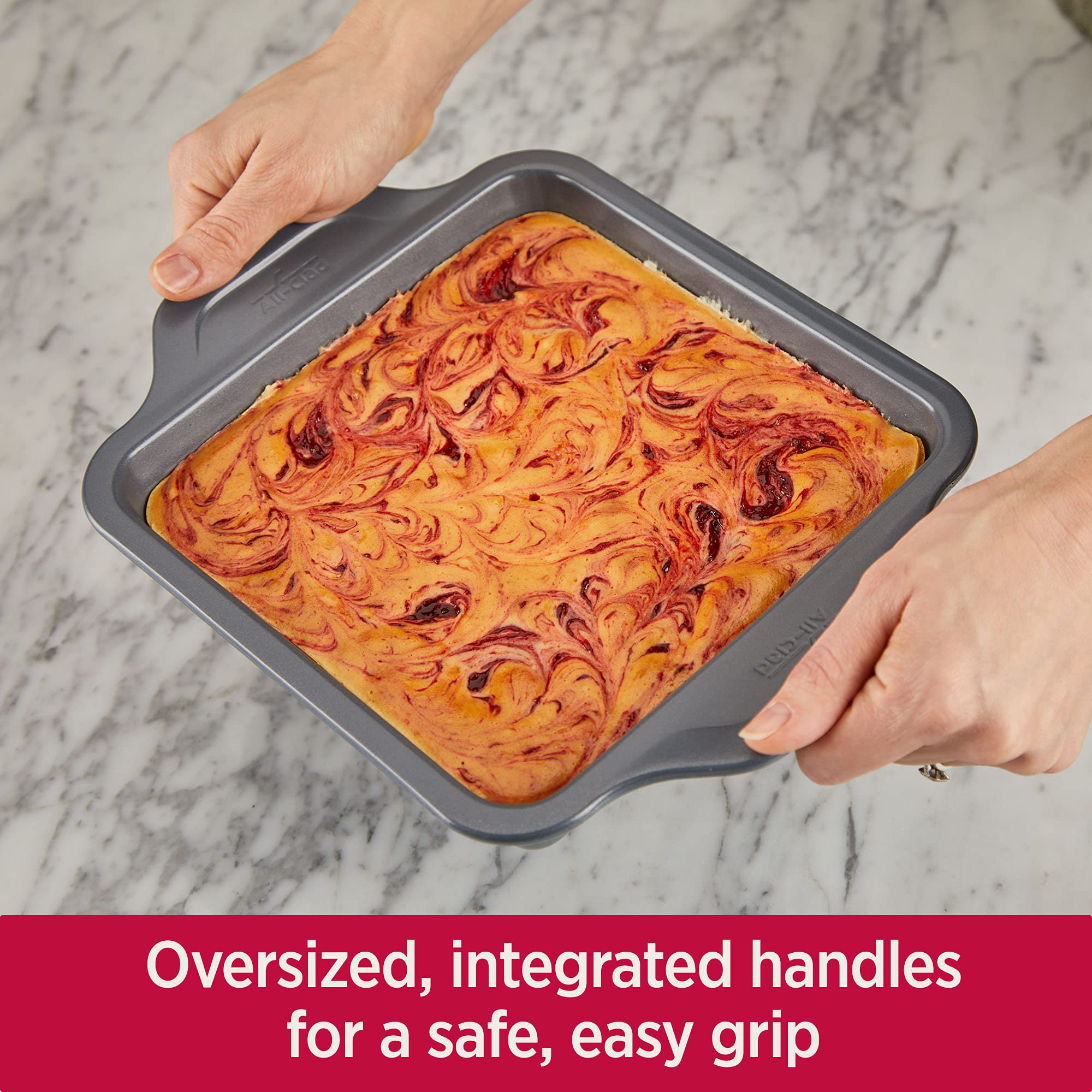 All-Clad Pro-Release 8x8 kitchen scene shows versatile baking in action.