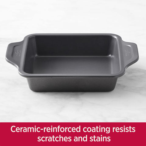 All-Clad Pro-Release 8x8 stacked for storage demonstrates space-saving bakeware.
