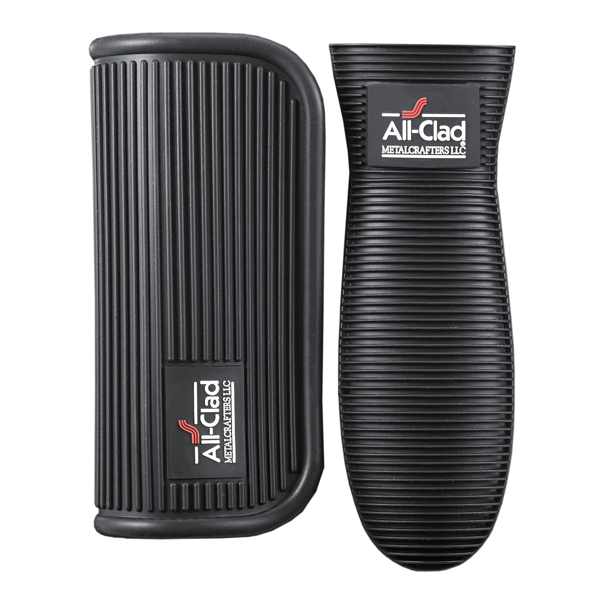 All-Clad silicone grip set shown on a pan handle for a secure, heat-resistant grip.