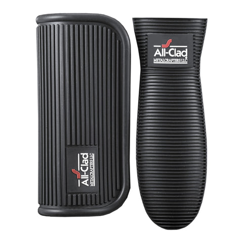 All-Clad silicone grip set shown on a pan handle for a secure, heat-resistant grip.
