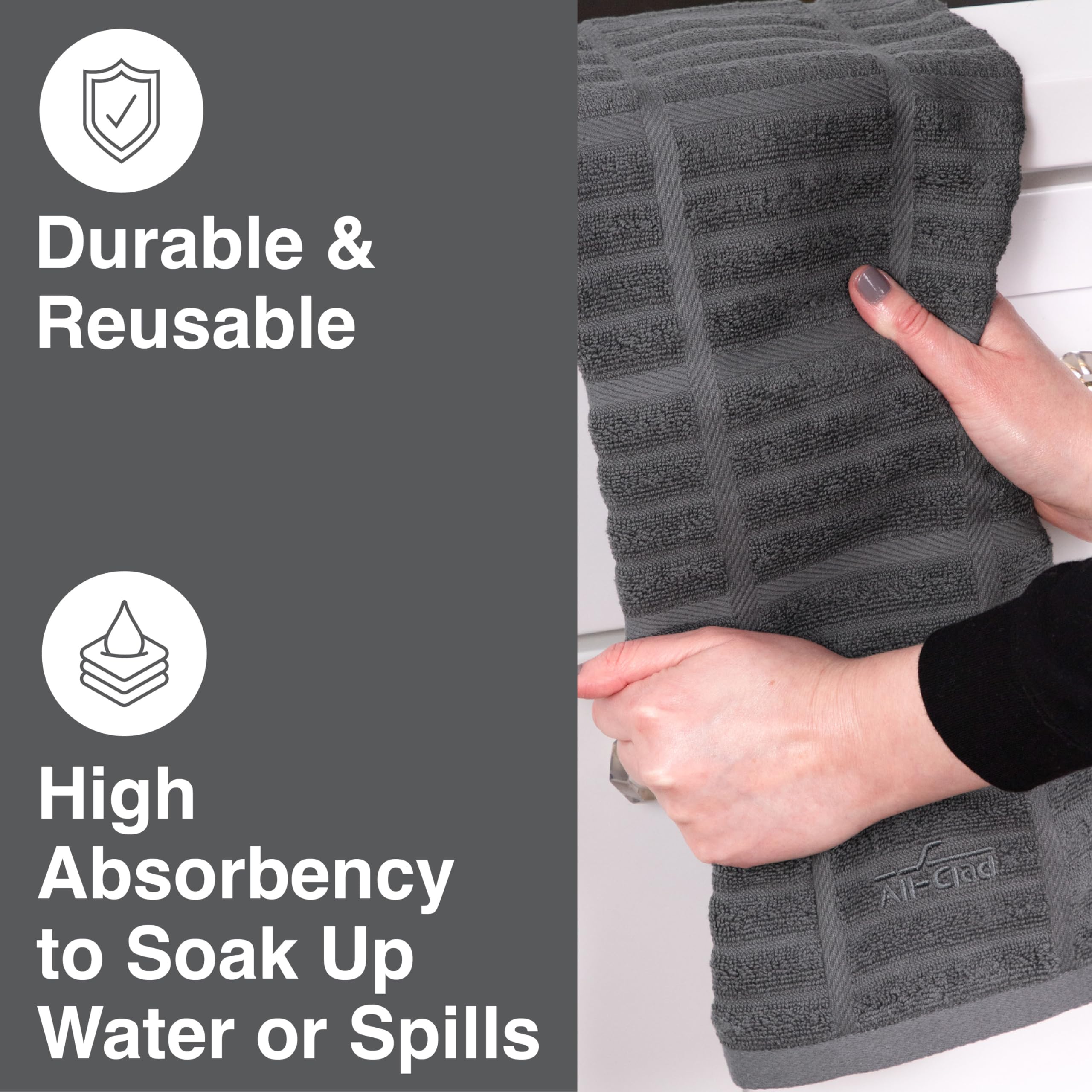 All-Clad Solid Kitchen Towels lint-free weave for spotless cookware and counters.