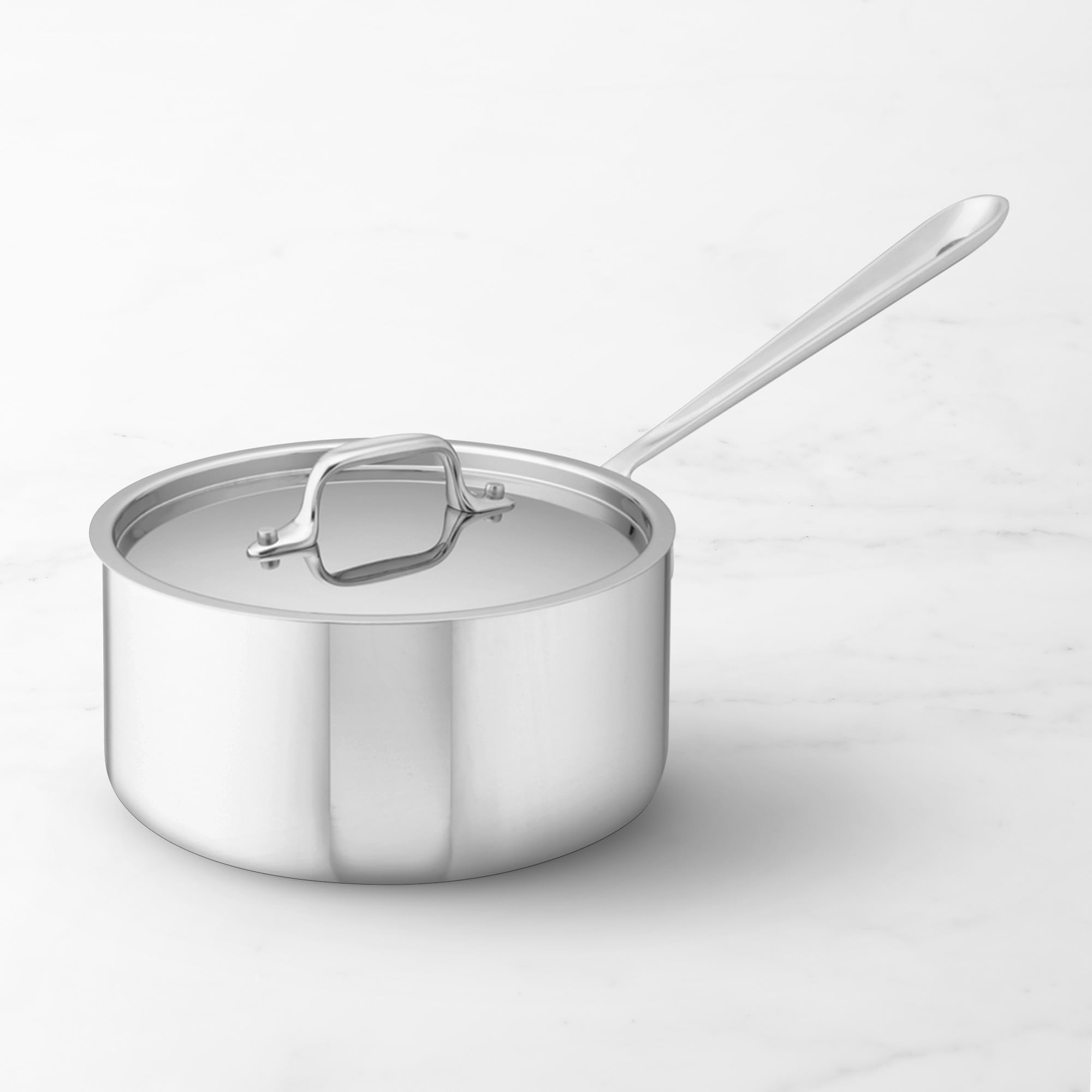 All-Clad stainless sauce pan top view highlights tri-ply construction for even heat and sauce prep