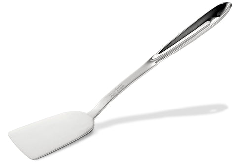 All-Clad 13-inch turner flipping burgers with durable stainless steel for precise control.
