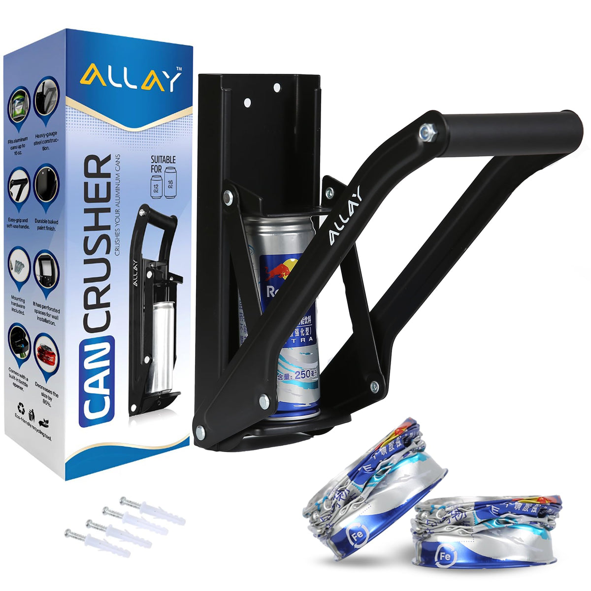 Allay wall-mounted can crusher with built-in bottle opener for quick recycling