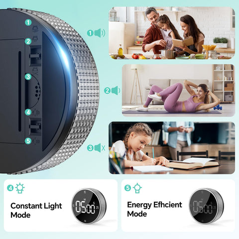 Countdown and countup modes from 00:00 to 99:55 for versatile timing