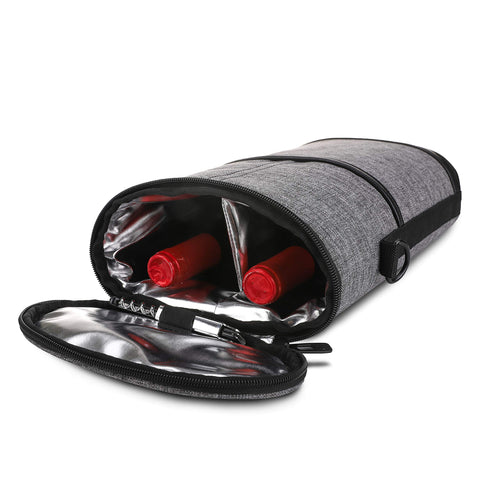 Allcamp wine tote open with two bottles and beverages.