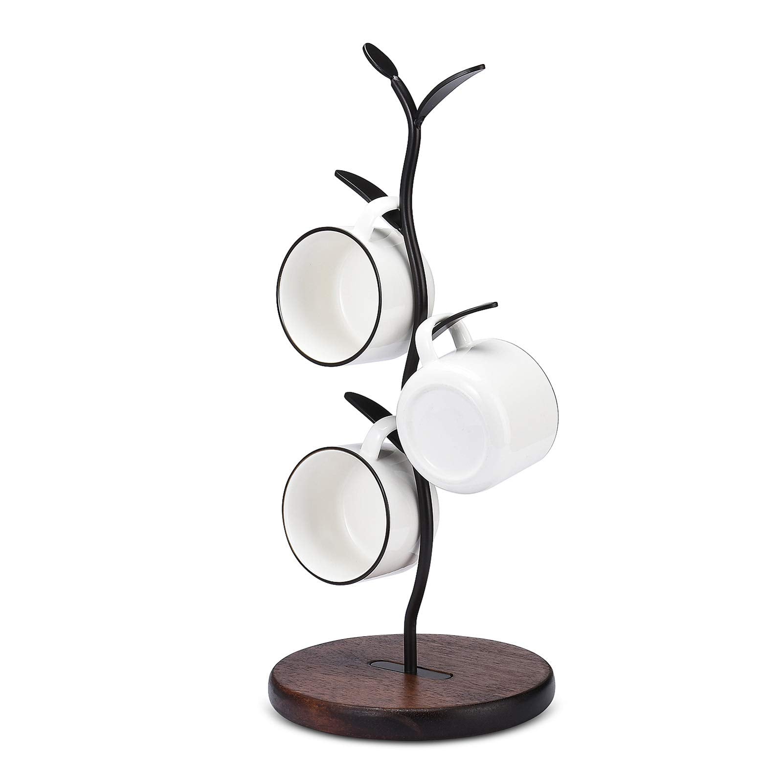 Allcener mug holder tree base view, showing sturdy wooden base and anti-slip feet.