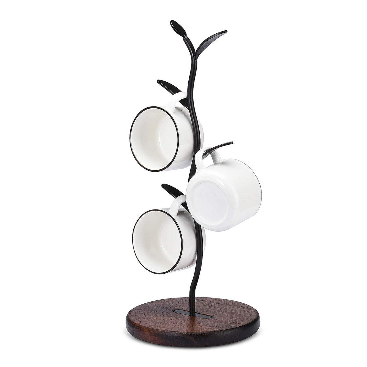 Allcener mug holder tree base view, showing sturdy wooden base and anti-slip feet.