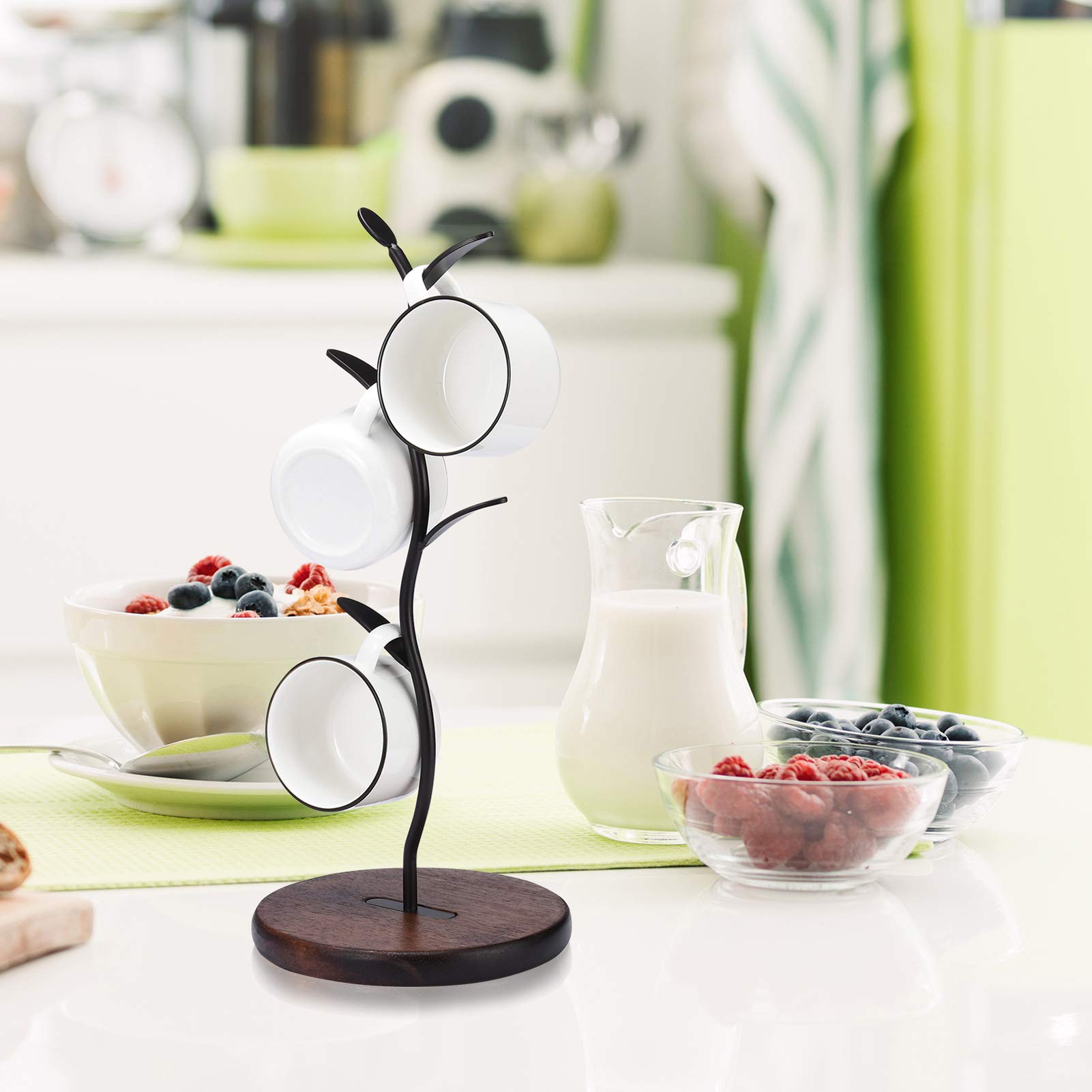 Allcener mug holder tree in a modern kitchen beside the coffee station.