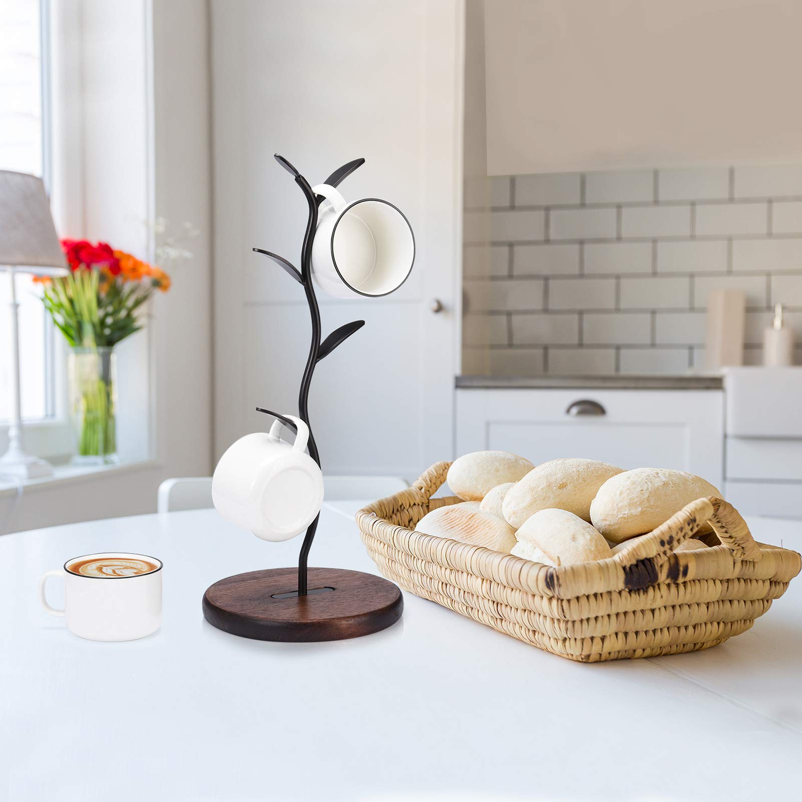 Allcener mug holder tree with mugs neatly displayed for easy reach.