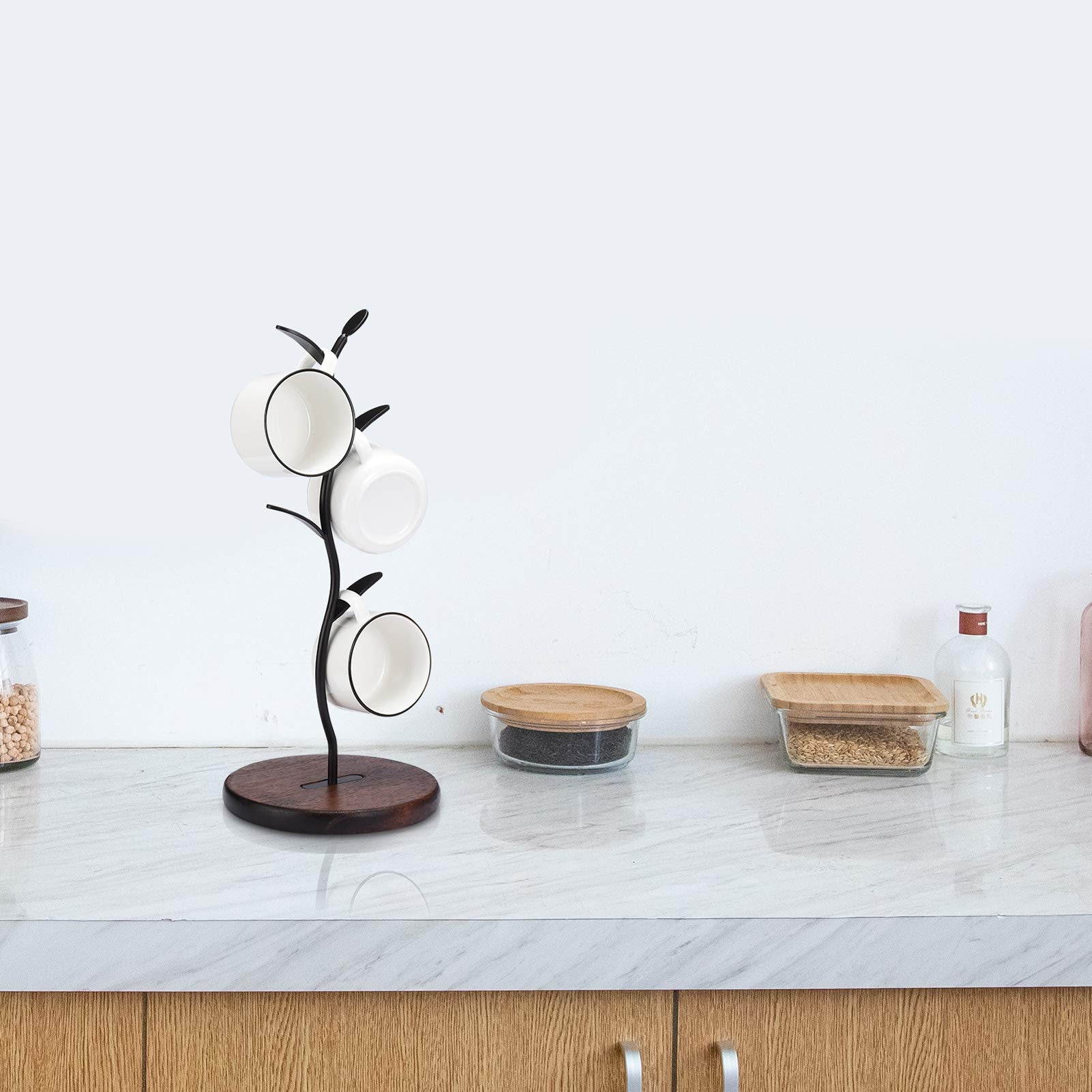 Allcener mug holder tree demonstrating vertical storage to save counter space.