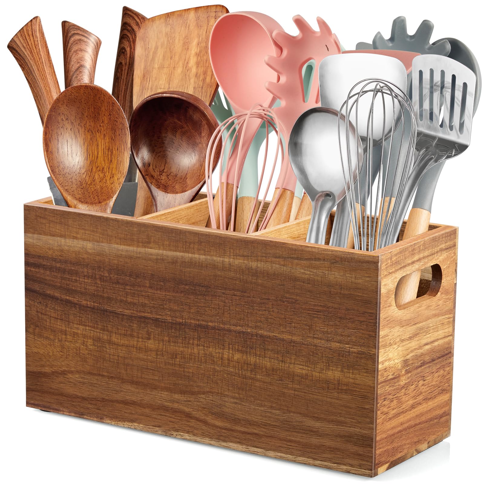 ALELION Acacia Wood Utensil Holder front view showing organized counter space