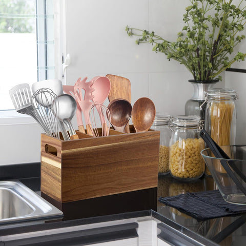 ALELION Acacia Wood Utensil Holder with removable divider enables customizable storage