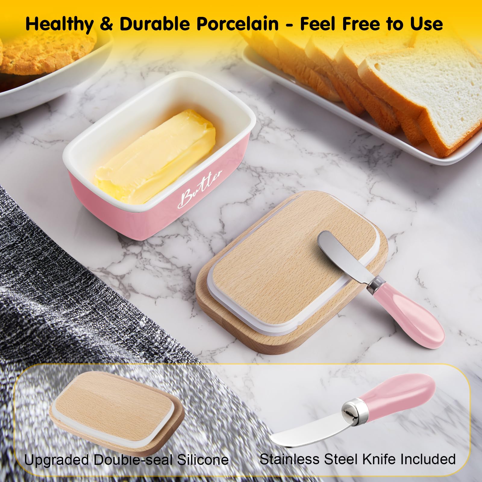 ALELION pink butter dish knife close-up reveals stainless steel spreading tool.