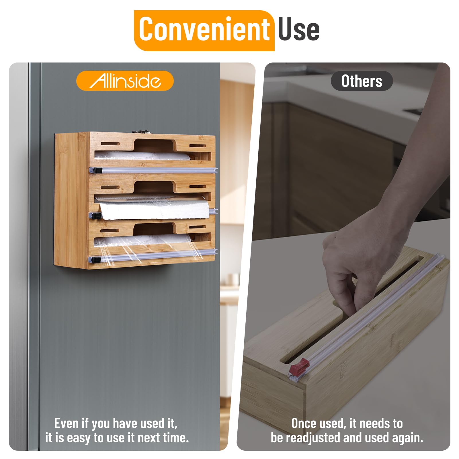 Allinside bamboo wood organizer highlights 3-layer storage for foil, parchment, and wax paper.