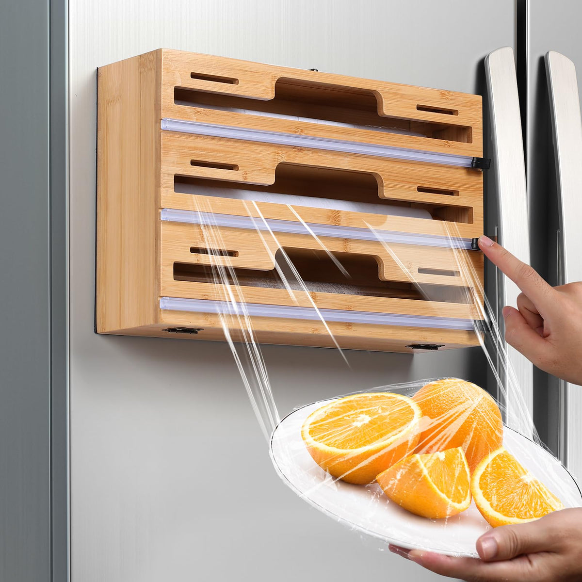Allinside magnetic wrap dispenser front view shows compact, space-saving design for easy kitchen access.
