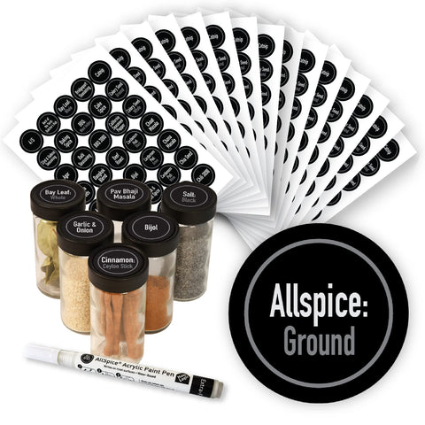 AllSpice Ultimate Spice Label Set labels on a jar for quick identification and organized storage.