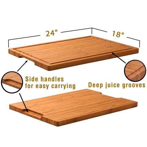 Allsum 24x18 bamboo board with juice grooves catching drips during serving.