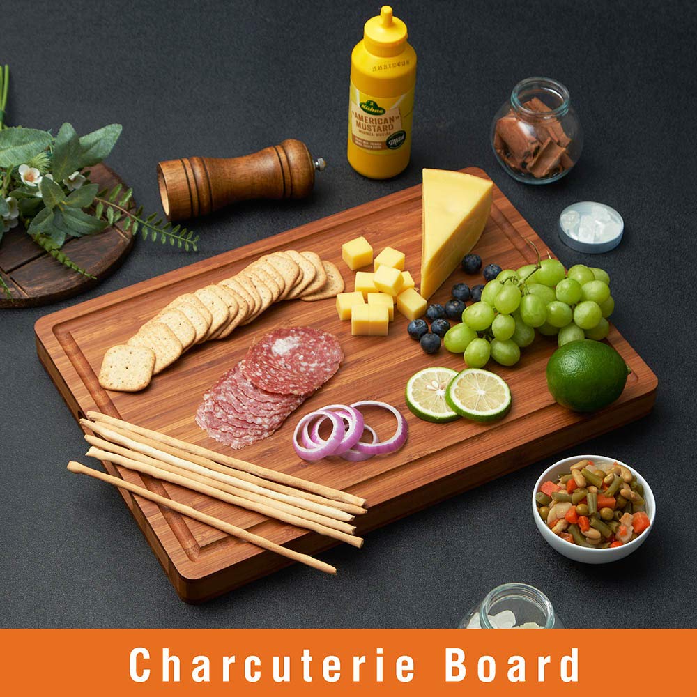 Allsum bamboo cutting board with juice grooves catching liquids and protecting counters