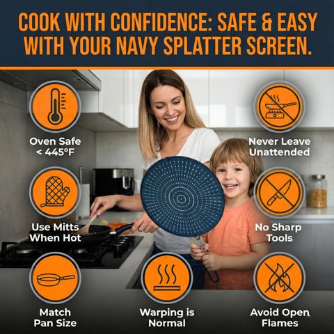 Allumerous heat-resistant screen folds flat for compact storage after cooking.