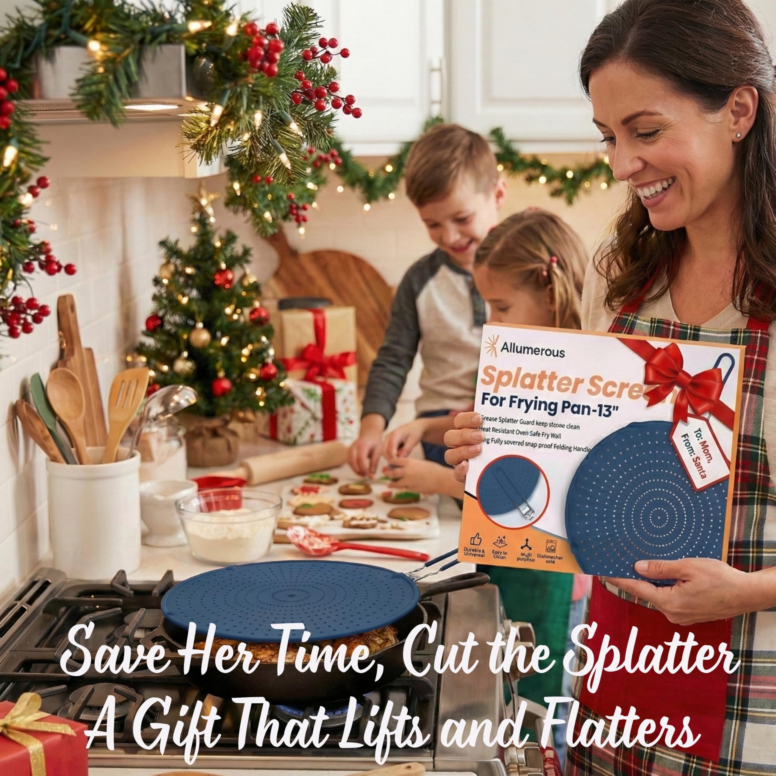 Allumerous folding-handle splatter screen provides secure grip and safe cooking.