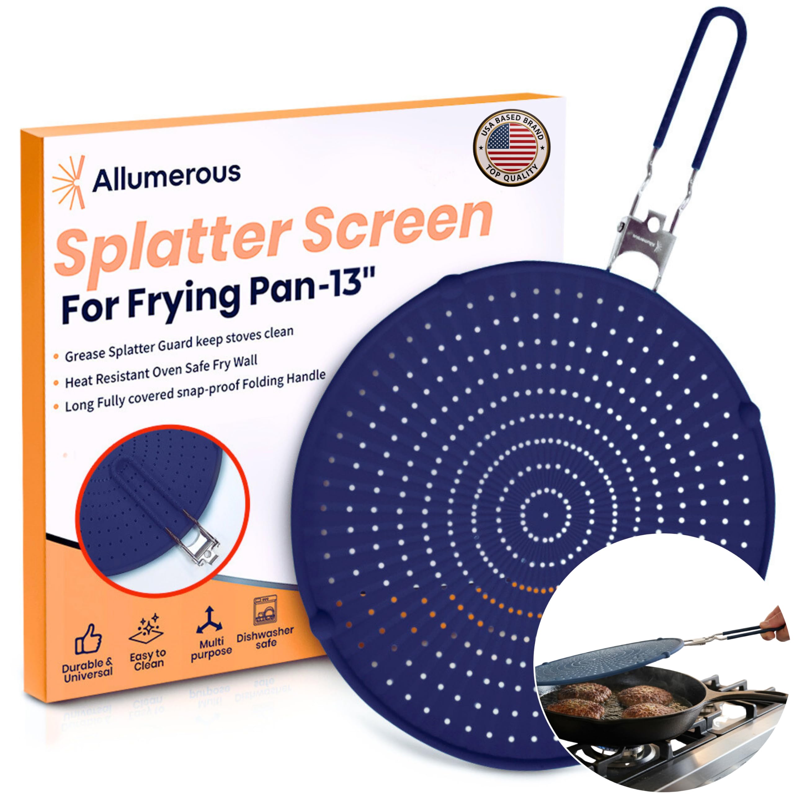 Allumerous silicone splatter screen navy in use on a pan keeps stovetop clean.