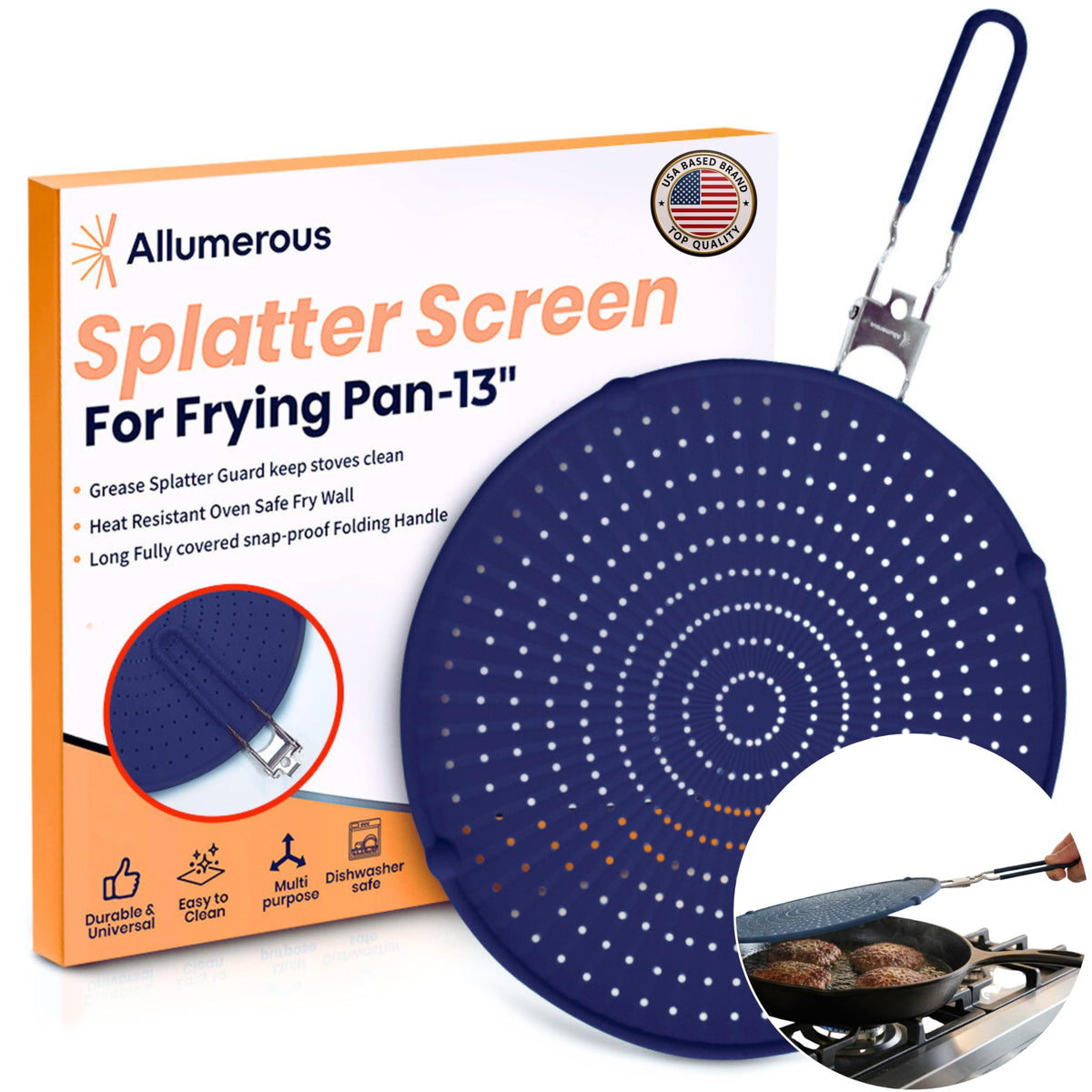 Allumerous silicone splatter screen navy in use on a pan keeps stovetop clean.
