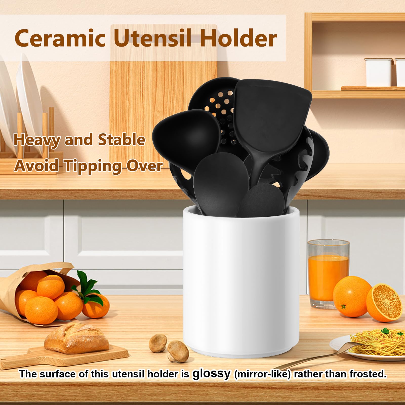 Allybyme ceramic utensil holder top view emphasizes sturdy base and tilt resistance for busy kitchens.