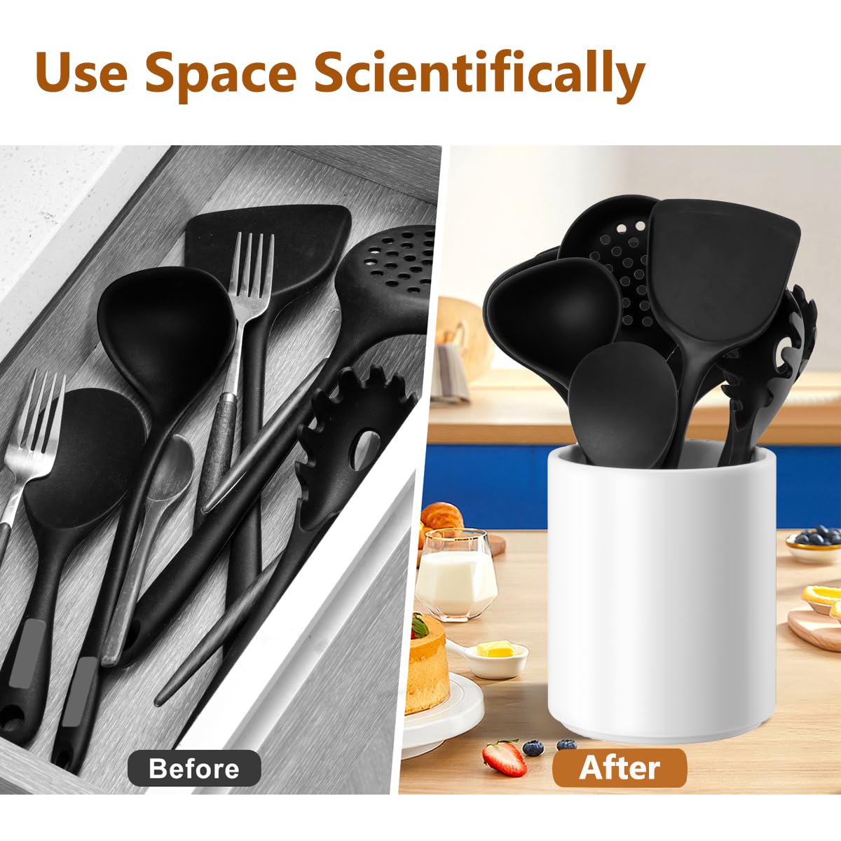 Allybyme ceramic utensil holder with spatulas provides easy access and clean design.