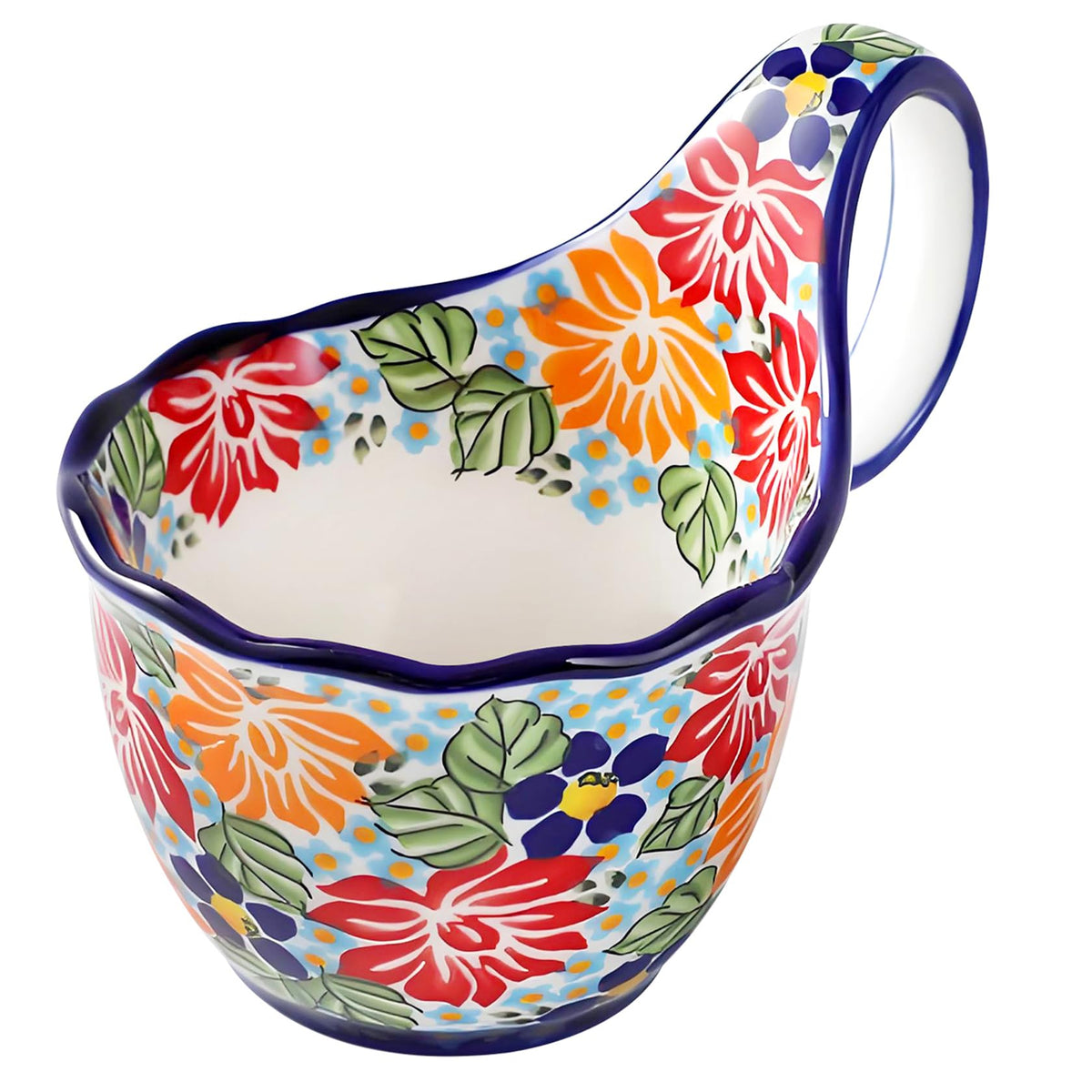 ALMA Thriving Floral soup bowl with handle, side view, ergonomic design for easy grip.