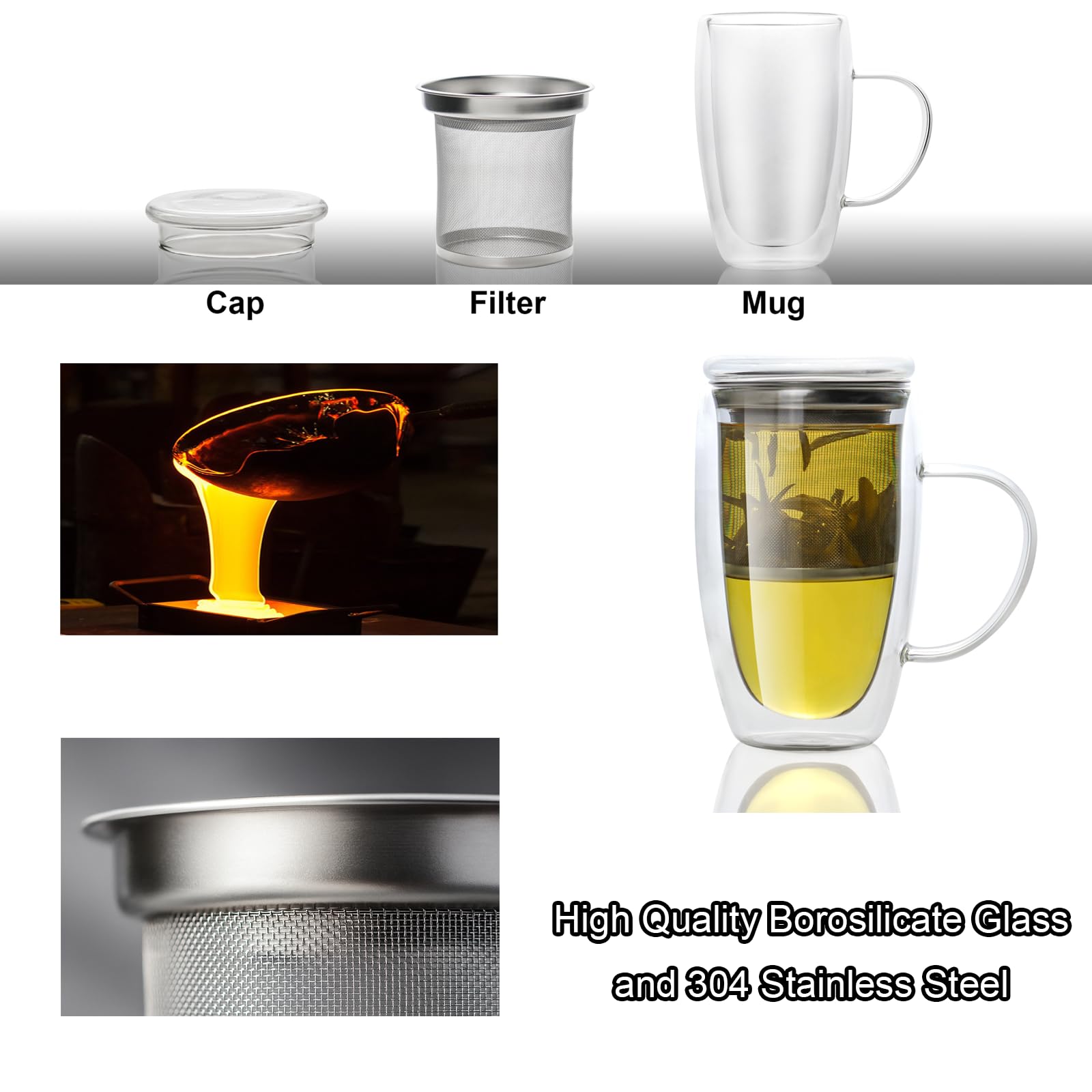 Almagic borosilicate tea mug keeps beverage hot while the outside stays cool to touch