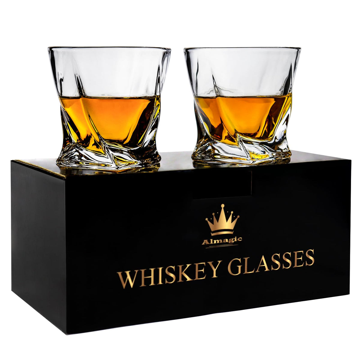 Almagic crystal whiskey glasses 11oz two-pack for clear, clinking pours.