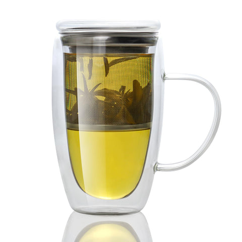 Almagic double-wall glass tea mug with infuser and lid for hot tea without burning your hands