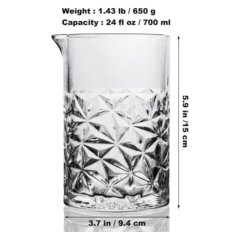 Almagic lead-free crystal mixing glass highlighting grip pattern during stirring.
