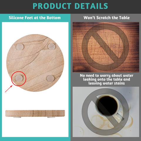 Almagic sandstone coaster demonstrates heat resistance during use with drinks.
