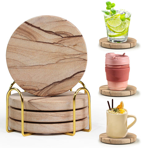 Almagic sandstone coasters with holder on a coffee table, showcasing natural elegance.