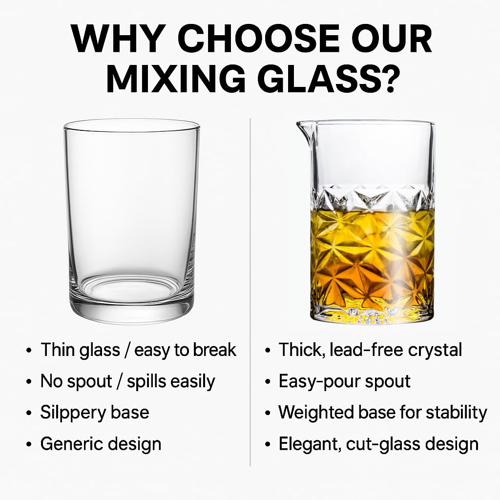 Almagic thick-base mixing glass provides stable handling for classic drinks.