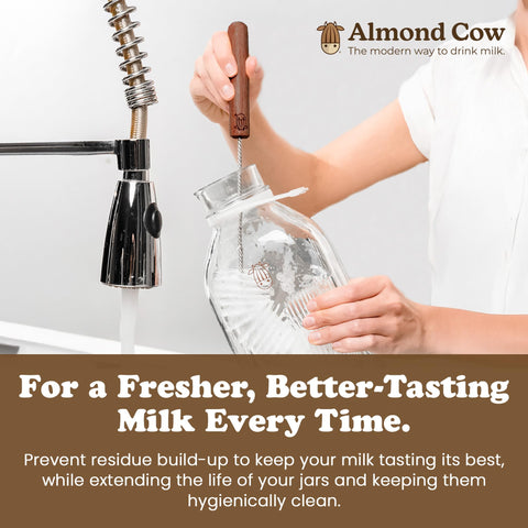 Almond Cow 60 oz glass pitcher with lid for fresh storage.