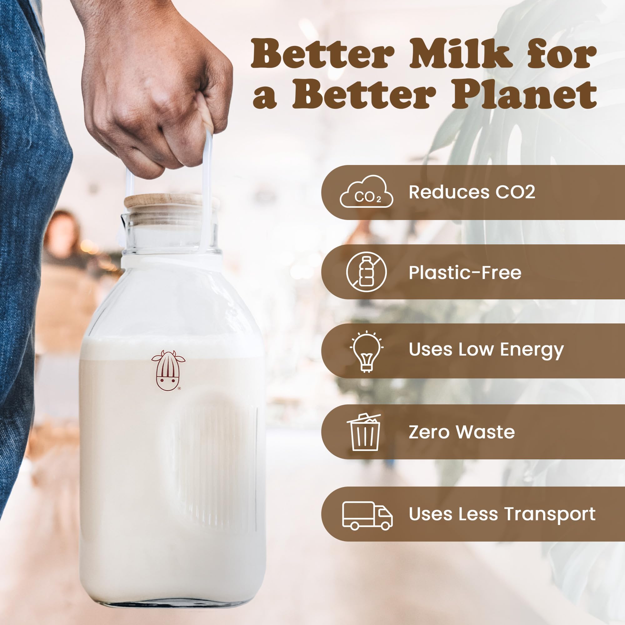 Almond Cow 60oz milk jar in fridge keeps milk fresh and accessible.