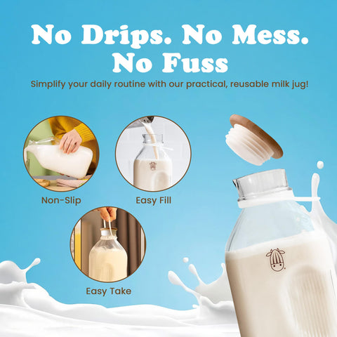 Almond Cow glass pitcher on counter with spill-free pour.