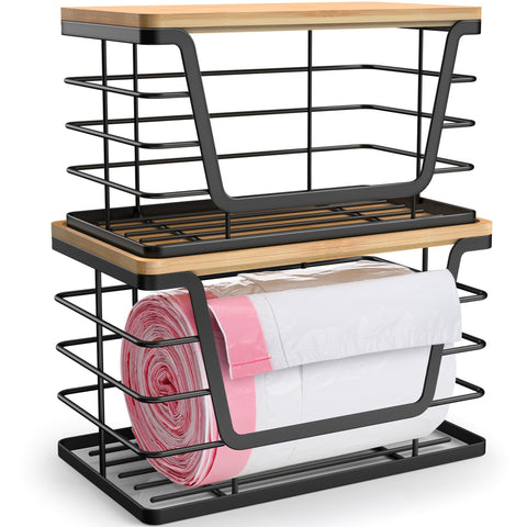 ALOCEO bamboo top trash bag dispenser small keeps bags organized and easily accessible.