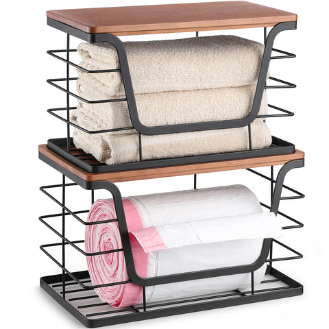 ALOCEO stackable trash bag dispenser with stainless steel body and bamboo top, ideal for under-sink organization.