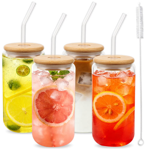 Alotpower glass cups with lids and straws 16oz, ideal for iced coffee and smoothies