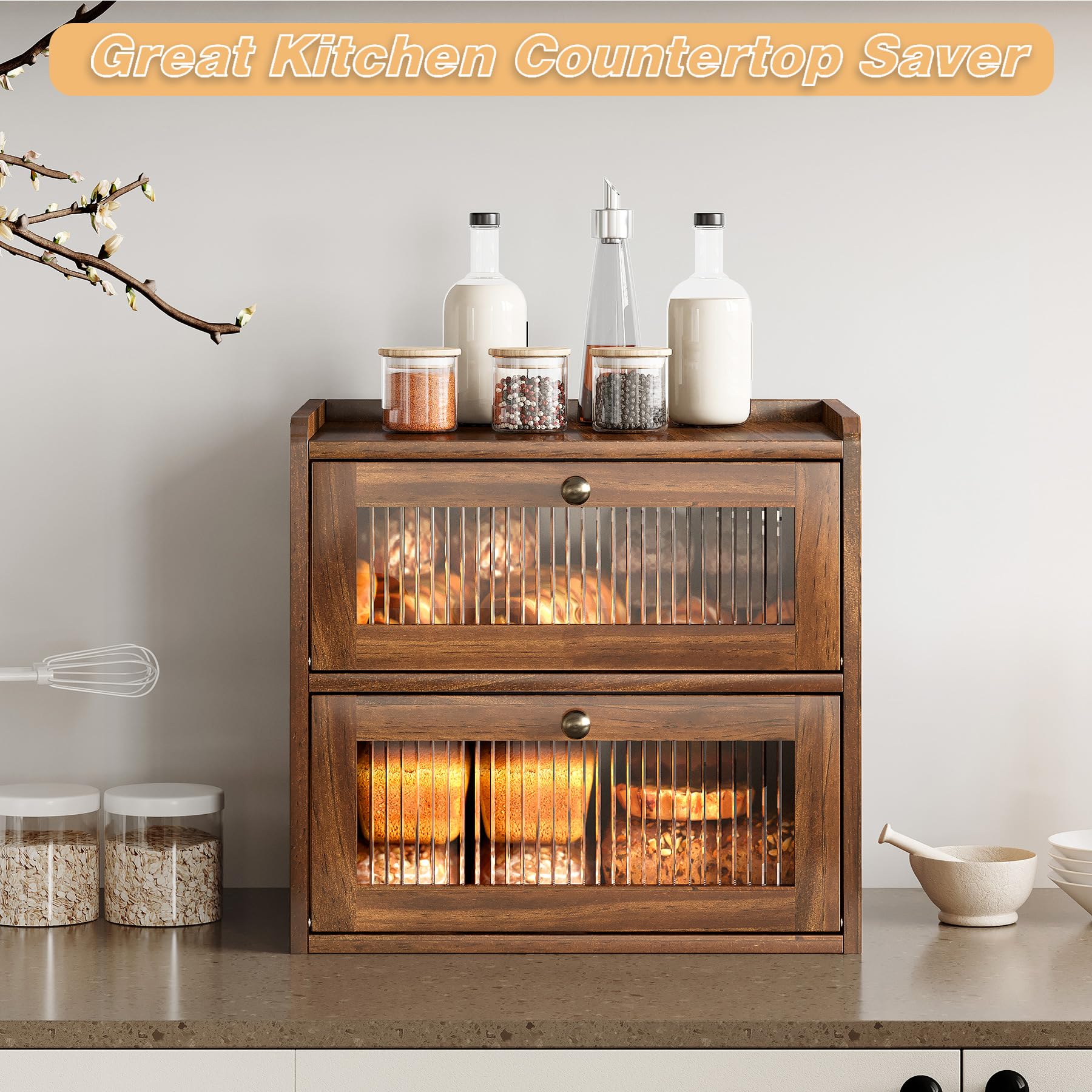 Alpeir bread box side view highlighting compact footprint for counter storage
