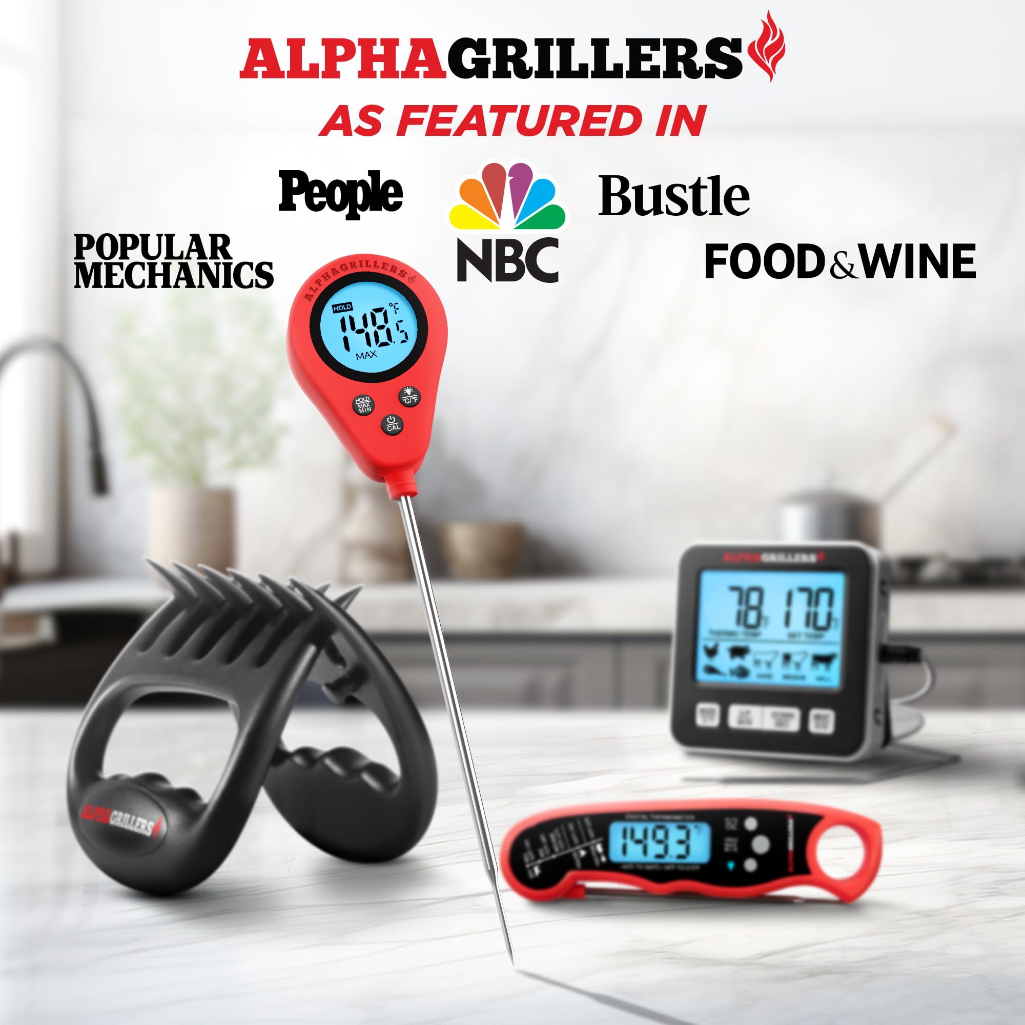 Alpha Grillers digital meat thermometer in use on a grill for precise temps