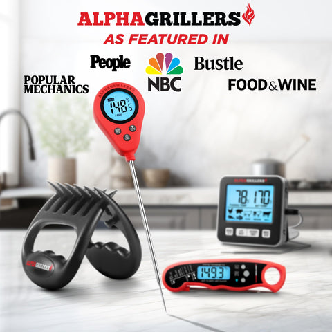 Alpha Grillers digital meat thermometer in use on a grill for precise temps