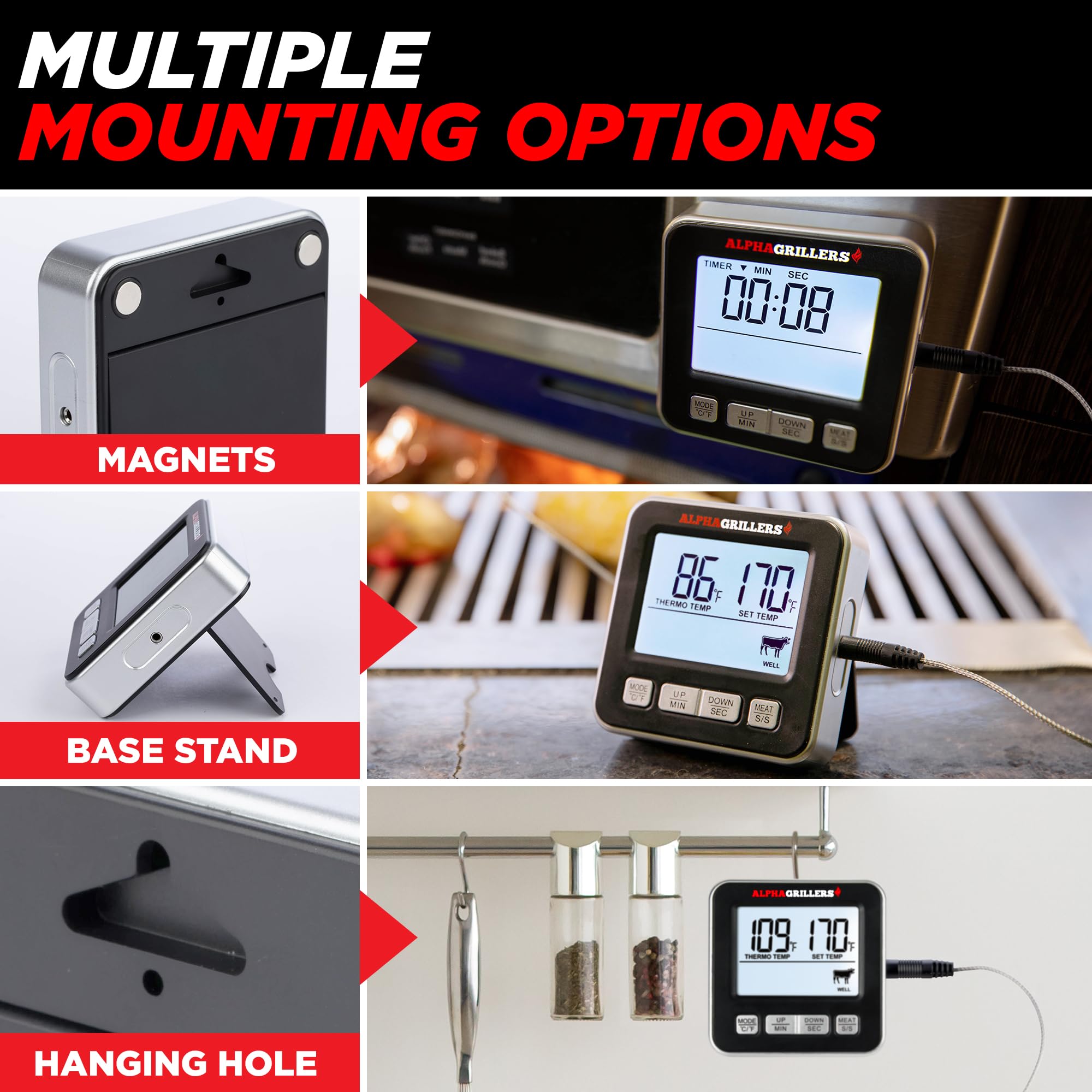 Alpha Grillers high-heat probe withstands up to 536°F for hot cooking.