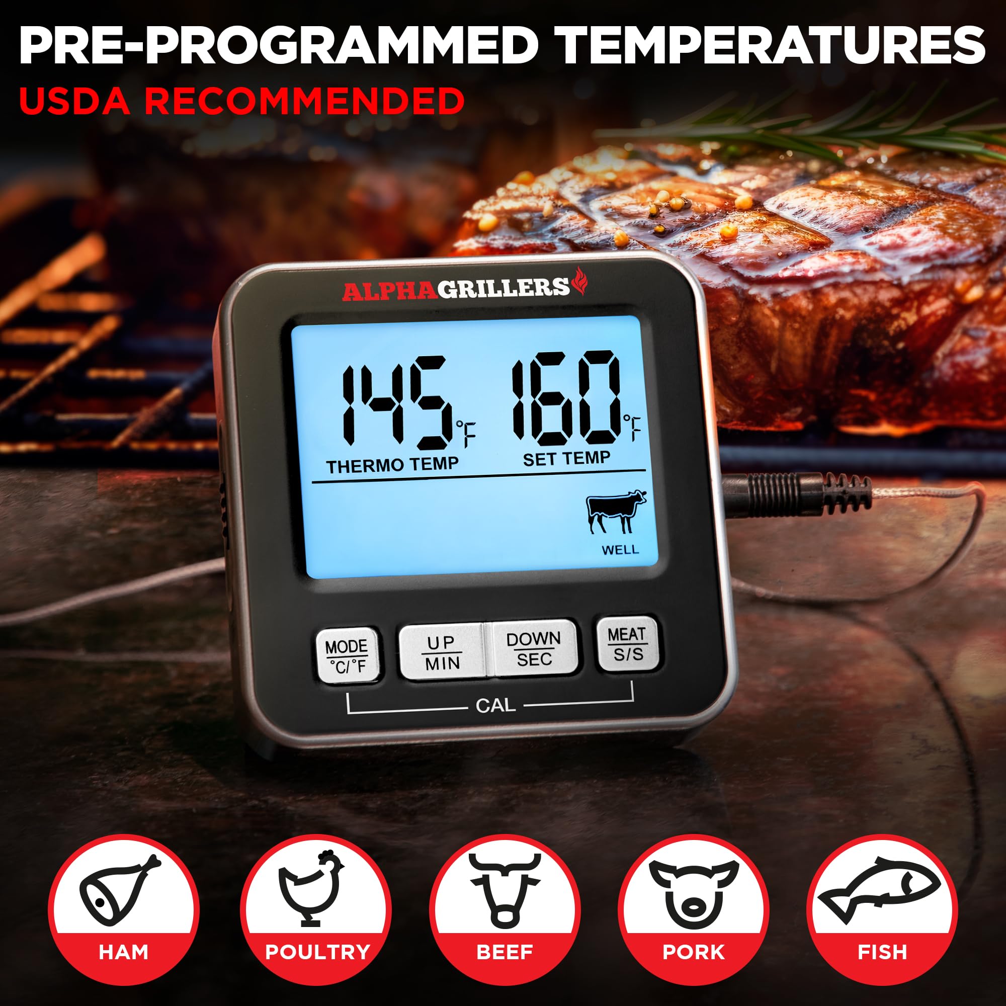 Alpha Grillers thermometer with 7 preset temps for common proteins.