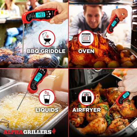 Alpha Grillers thermometer used for deep frying with quick temperature checks.