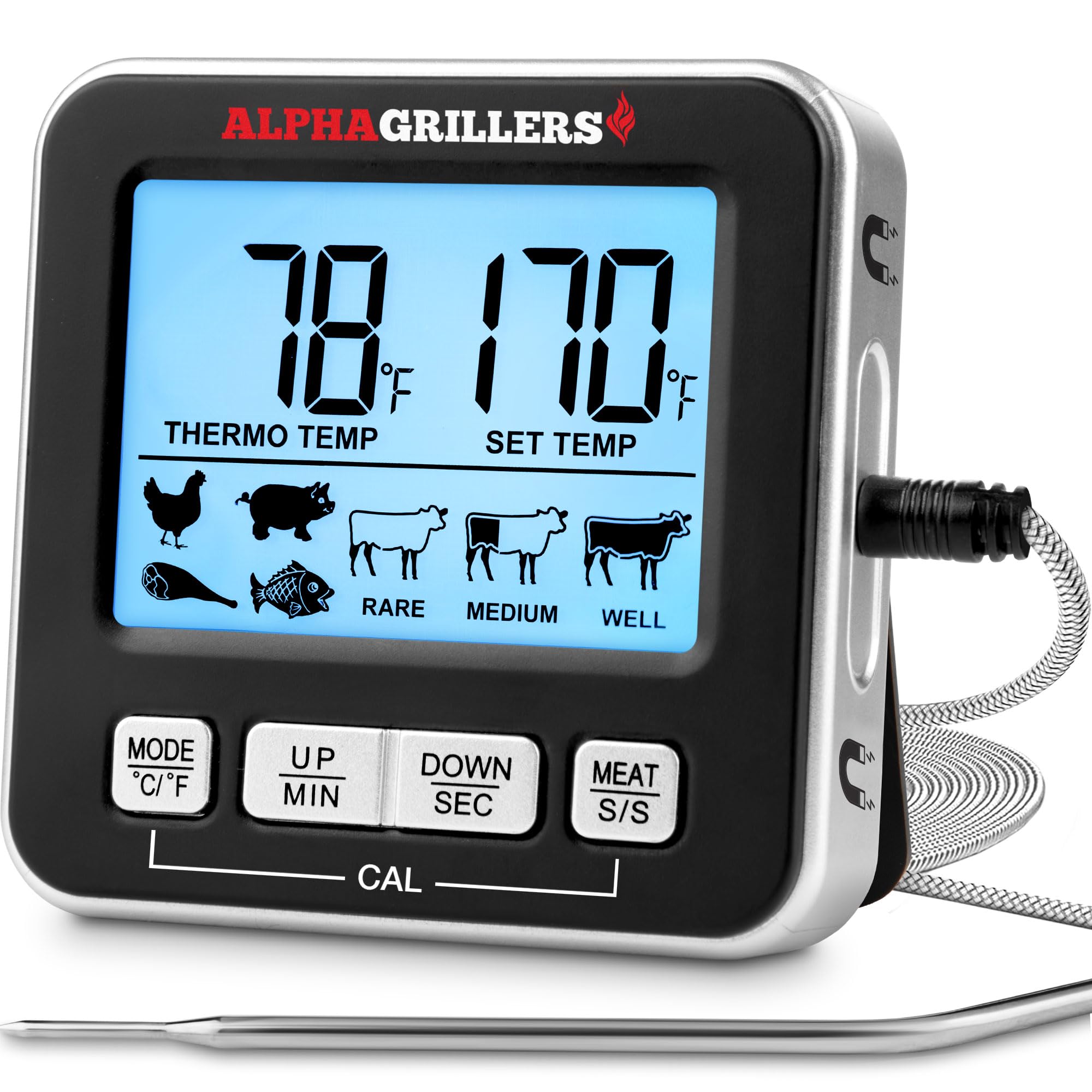 Alpha Grillers meat thermometer digital display for precise temperature monitoring.